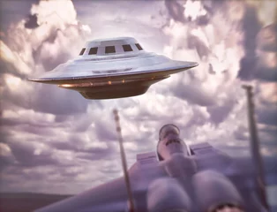 Rolgordijnen Supersonic airplane chasing UFO. Unidentified flying object flying over the sky. © ktsdesign