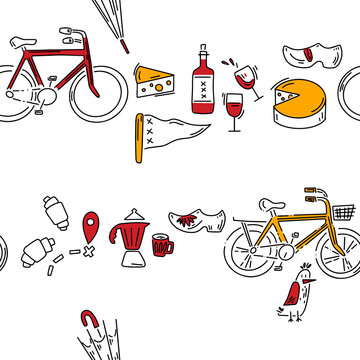 Doodle pattern with cheese, wine, klomps and other other tourist stuff. Hand drawn pattern in doodle style. Vector image, clipart, editable details.