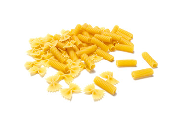 mix tortiglioni and farfalle pasta isolated in white background