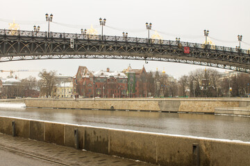  view of the historic brick house of Pertsova in the historical center of the capital city on the Bank of the Moskva river on a cloudy winter day in Moscow Russia
