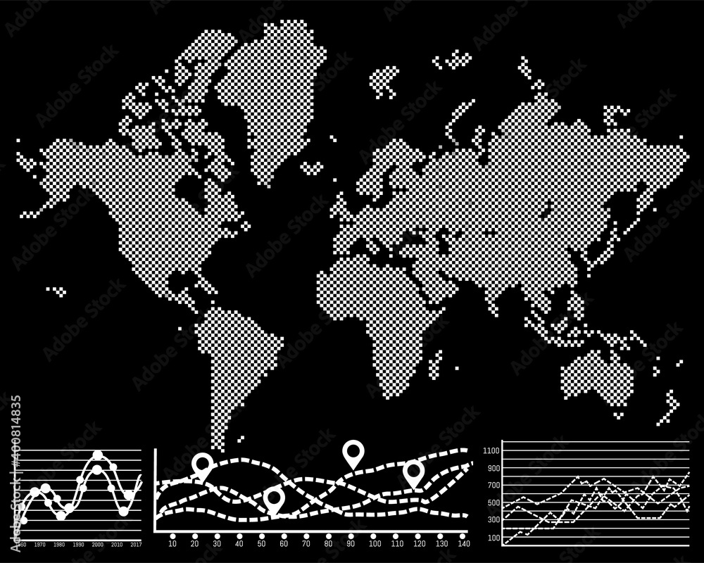 Poster dotted white world map on dark background. gray pixel map of the earth. roads and ways for guidebook