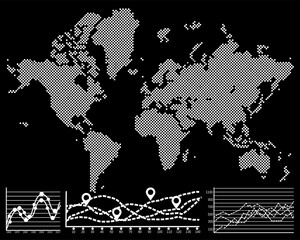 Dotted white World map on dark background. Gray pixel map of the Earth. Roads and ways for guidebooks with marks. Town marks and national borders in separate layers. Unfolded planet isolated on black