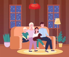 Portrait of four member family posing together smiling happy. Illustration of mother, father, sun, daughter and a dog sitting on the sofa in the room. Family portrait four members and favorite pet