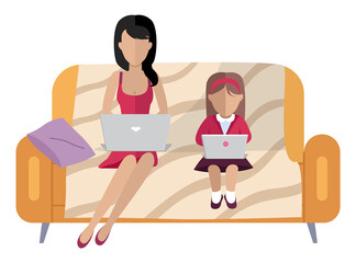 The family is sitting on the couch. Mom and her daughter are chatting with laptops in their hands. Female characters are resting and spending time together at home. Relatives working with computers