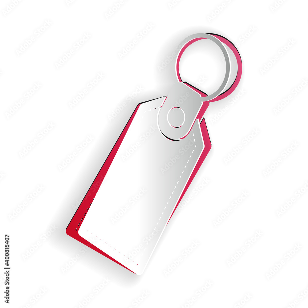 Poster paper cut rectangular key chain with ring for key icon isolated on white background. paper art style