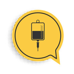 Black IV bag icon isolated on white background. Blood bag icon. Donate blood concept. The concept of treatment and therapy, chemotherapy. Yellow speech bubble symbol. Vector.