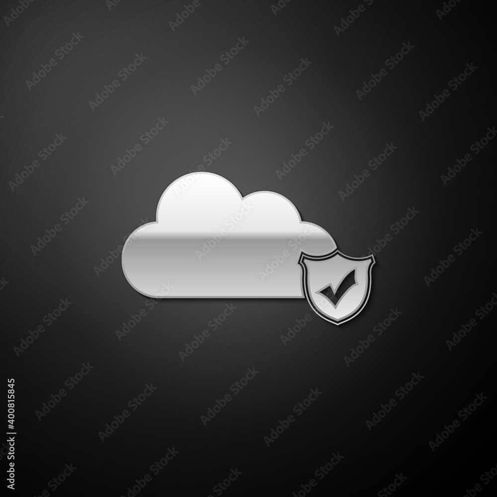 Aufkleber silver cloud and shield with check mark icon isolated on black background. cloud storage data protec