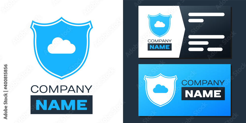 Poster logotype cloud and shield icon isolated on white background. cloud storage data protection. security