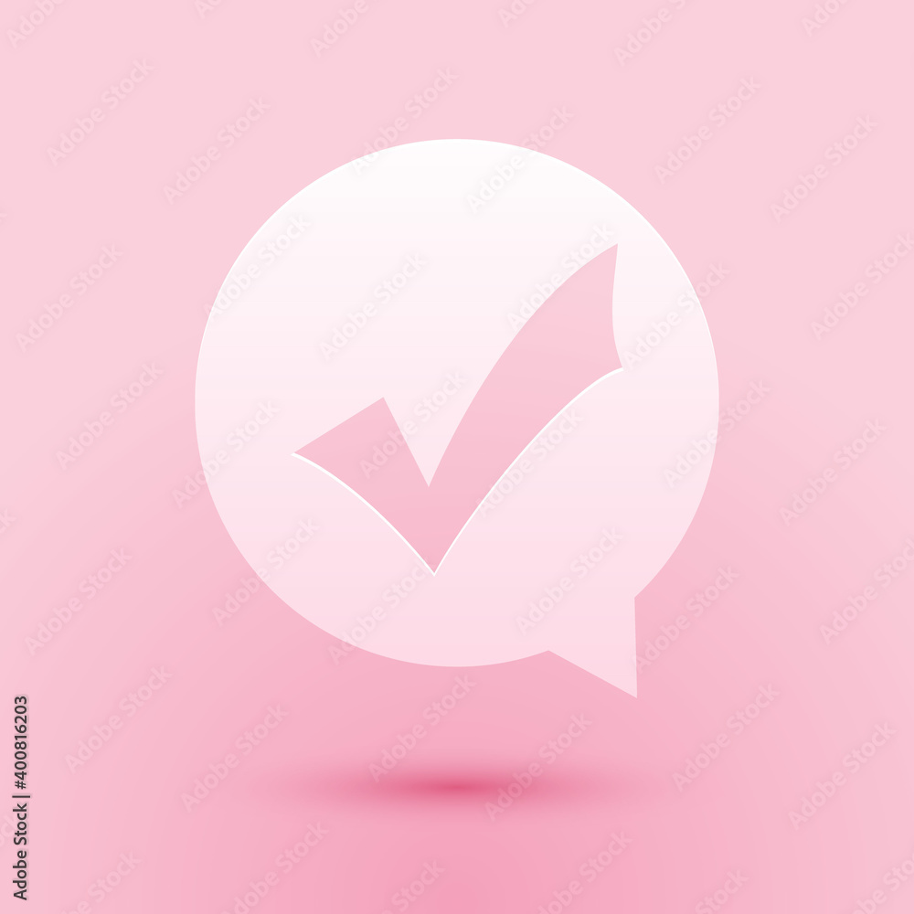 Poster paper cut check mark in circle icon isolated on pink background. choice button sign. checkmark symbo