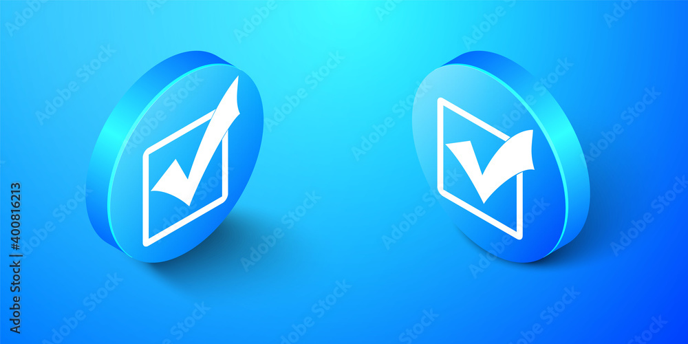 Poster isometric check mark in a box icon isolated on blue background. tick symbol. check list button sign.