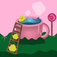 Illustration of chickens playing in the garden near a large cup