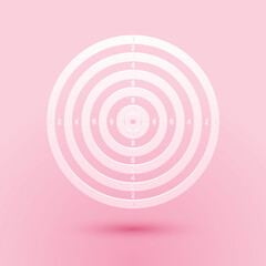 Paper cut Target sport for shooting competition icon isolated on pink background. Clean target with numbers for shooting range or pistol shooting. Paper art style. Vector.