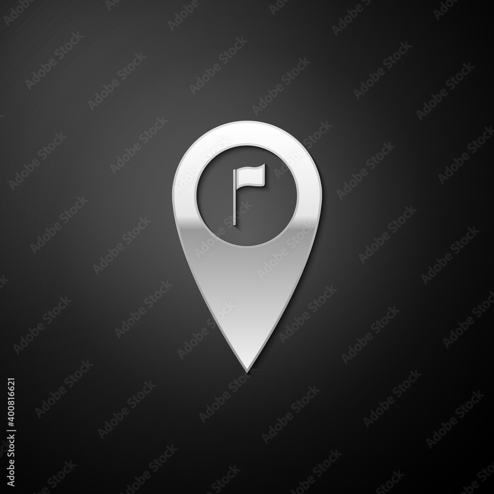 Poster silver map pointer with golf flag icon isolated on black background. location marker symbol. long sh