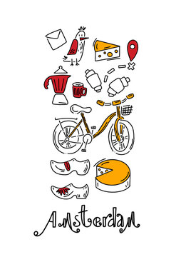 Amsterdam vector elements set. Travel and Tourism Concept. Travel poster, postcard. Hand drawn sketch in doodle style. Vector image, clipart, editable details.