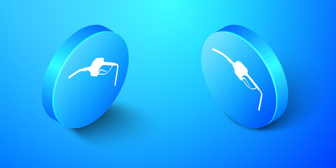 Isometric Gasoline pump nozzle icon isolated on blue background. Fuel pump petrol station. Refuel service sign. Gas station icon. Blue circle button. Vector.