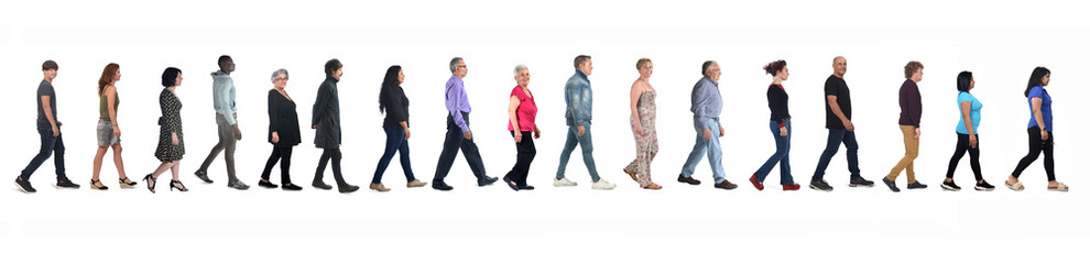 Obraz premium large group of mixed people walking on white background