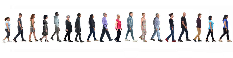 Obraz premium large group of mixed people walking on white background