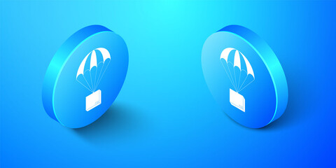 Isometric Box flying on parachute icon isolated on blue background. Parcel with parachute for shipping. Delivery service, air shipping concept, bonus. Blue circle button. Vector.