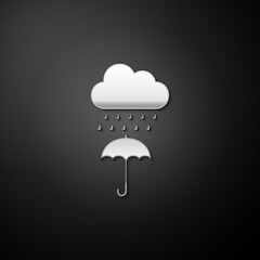 Silver Cloud with rain drop on umbrella icon isolated on black background. Long shadow style. Vector.