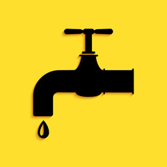 Black Water tap with a falling water drop icon isolated on yellow background. Long shadow style. Vector.
