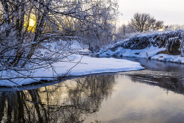 Winter river in the twilight light.