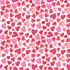 Watercolor seamless pattern with hearts isolated on white background.