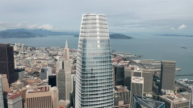 San Francisco, USA. Aerial view of financial district by the San Francisco Bay. Tall skyscrapers with glass facades - view from above. High quality 4k footage
