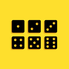 Black Set of six dices icon isolated on yellow background. Long shadow style. Vector.