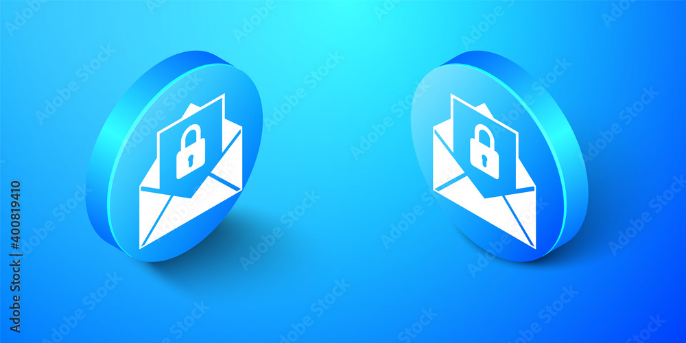 Aufkleber isometric secure mail icon isolated on blue background. mailing envelope locked with padlock. blue c