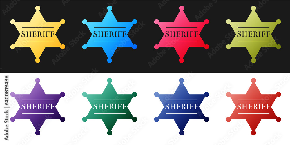 Poster set hexagonal sheriff star icon isolated on black and white background. sheriff badge symbol. vector
