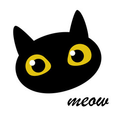 Black cat. Black cute funny kitten head isolated on white background for fashion prints, textiles, clothing. 