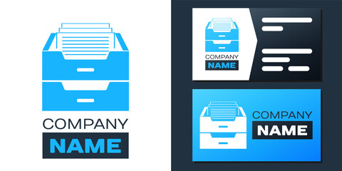 Logotype Drawer with documents icon isolated on white background. Archive papers drawer. File Cabinet Drawer. Office furniture. Logo design template element. Vector.
