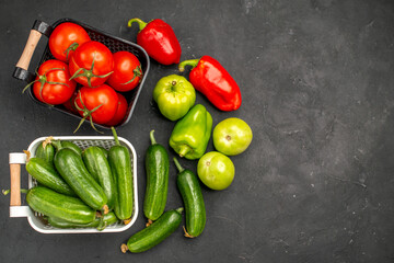 top view fresh red tomatoes with cucumbers on dark background color photo ripe meal salad