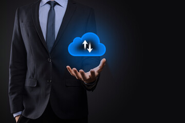 Businessman hold cloud icon.Cloud computing concept - connect smart phone to cloud. computing network information technologist with smart phone.Big data Concept.