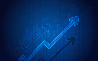 Financial chart with uptrend line graph and arrows in stock market on blue color background