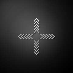 Silver Arrows in four directions icon isolated on black background. Long shadow style. Vector.