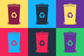 Pop art Recycle bin with recycle symbol icon isolated on color background. Trash can icon. Garbage bin sign. Recycle basket icon. Vector.