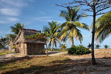 Dwellings of the Garifuna people on the Caribbean Sea coastline, near La Ceiba town. Honduras.
