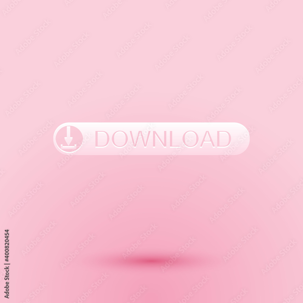 Poster paper cut download button with arrow icon isolated on pink background. upload button. load symbol. p