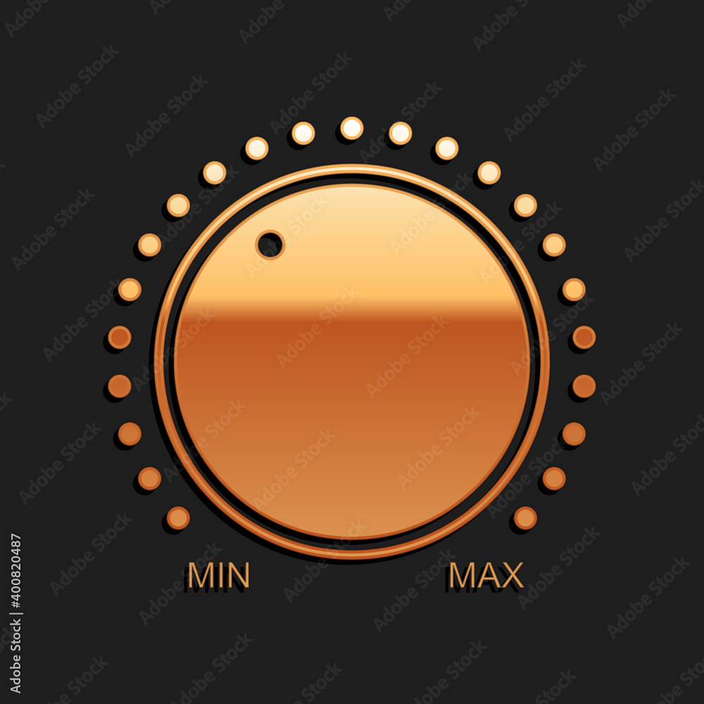 Poster gold dial knob level technology settings icon isolated on black background. volume button, sound con
