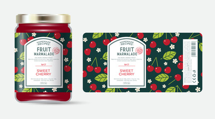 Label and packaging of cherry marmalade. Jar with label. Text in frame with stamp (sugar free) on seamless pattern with berries, flowers and leaves.