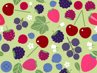 Seamless pattern with strawberries, blueberries, blackberries, raspberries, cherries and black currants. Pattern for fabric, wrapping paper, wall paper.