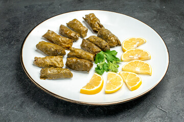 bottom view stuffed grape leaves parsley leaves and lemon half slices on white oval plate on dark background