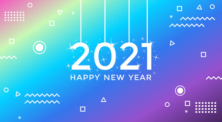 2021 Happy New Year banner with modern geometric abstract background, with sparkling and shining stars around the year number. Happy new year greeting card design for 2021 vector illustration design