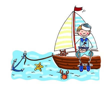 Merry sailor, illustration for children with nautical theme. The image contains bark and red color, strips, anchor, boat, crab in hand drawn illustration.