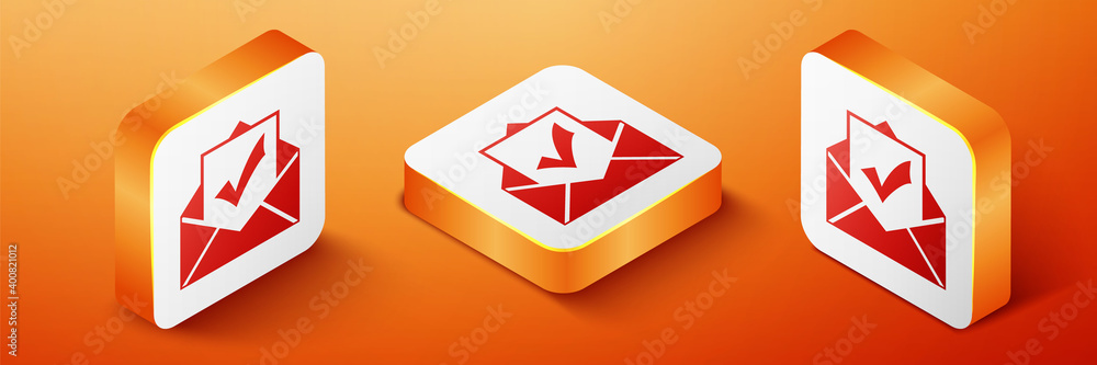 Poster isometric envelope with document and check mark icon isolated on orange background. successful email