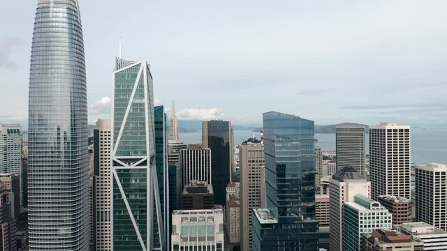 San Francisco, USA. Modern architecture of business district with glass facades. High office buildings with Pacific Bay in the background. High quality 4k footage