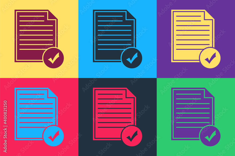 Poster pop art document and check mark icon isolated on color background. checklist icon. business concept.