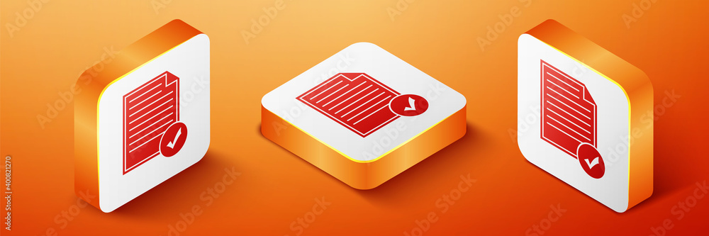Aufkleber isometric document and check mark icon isolated on orange background. checklist icon. business conce