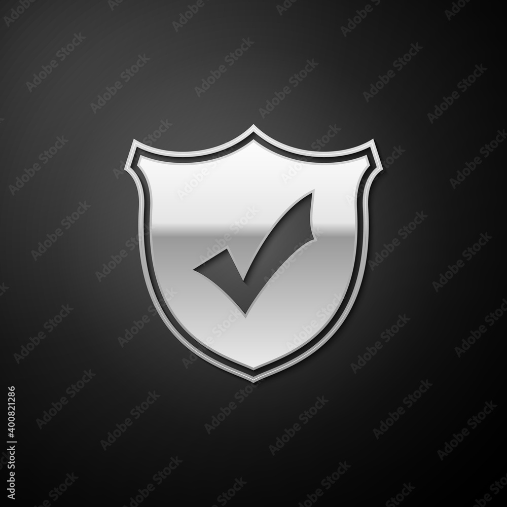 Aufkleber silver shield with check mark icon isolated on black background. long shadow style. vector.